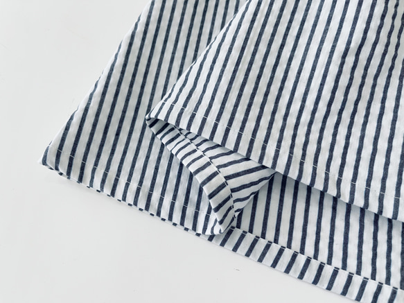 半袖サイドリボンワンピース　* Cotton リップル素材　紺と白のストライプ柄 * 12枚目の画像