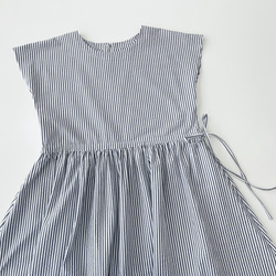 半袖サイドリボンワンピース　* Cotton リップル素材　紺と白のストライプ柄 * 8枚目の画像