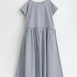 半袖サイドリボンワンピース　* Cotton リップル素材　紺と白のストライプ柄 * 7枚目の画像