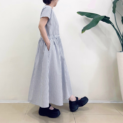 半袖サイドリボンワンピース　* Cotton リップル素材　紺と白のストライプ柄 * 6枚目の画像
