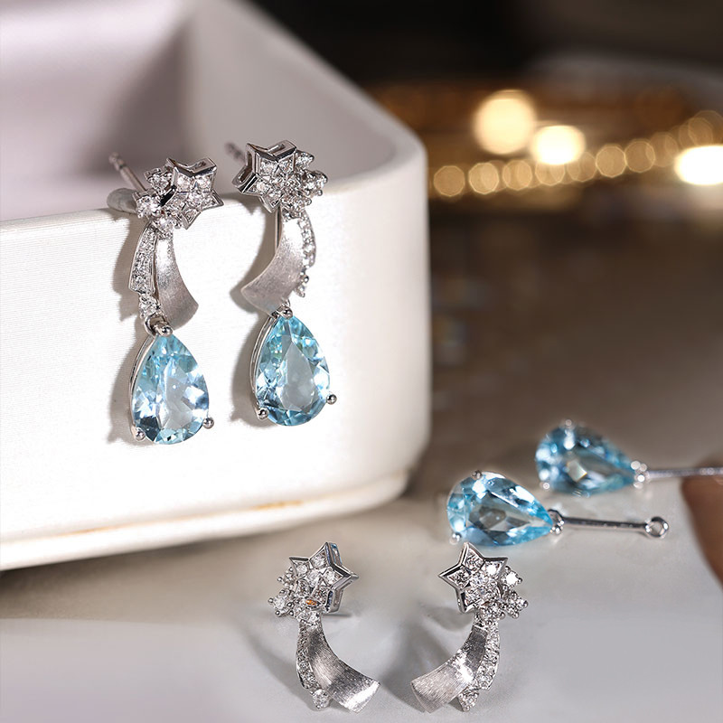 [ヘイズジュエリー] オーシャントレジャーシリーズ 18Kホワイトゴールド 天然ダイヤモンド サンタマリアアクアマリン イヤリン