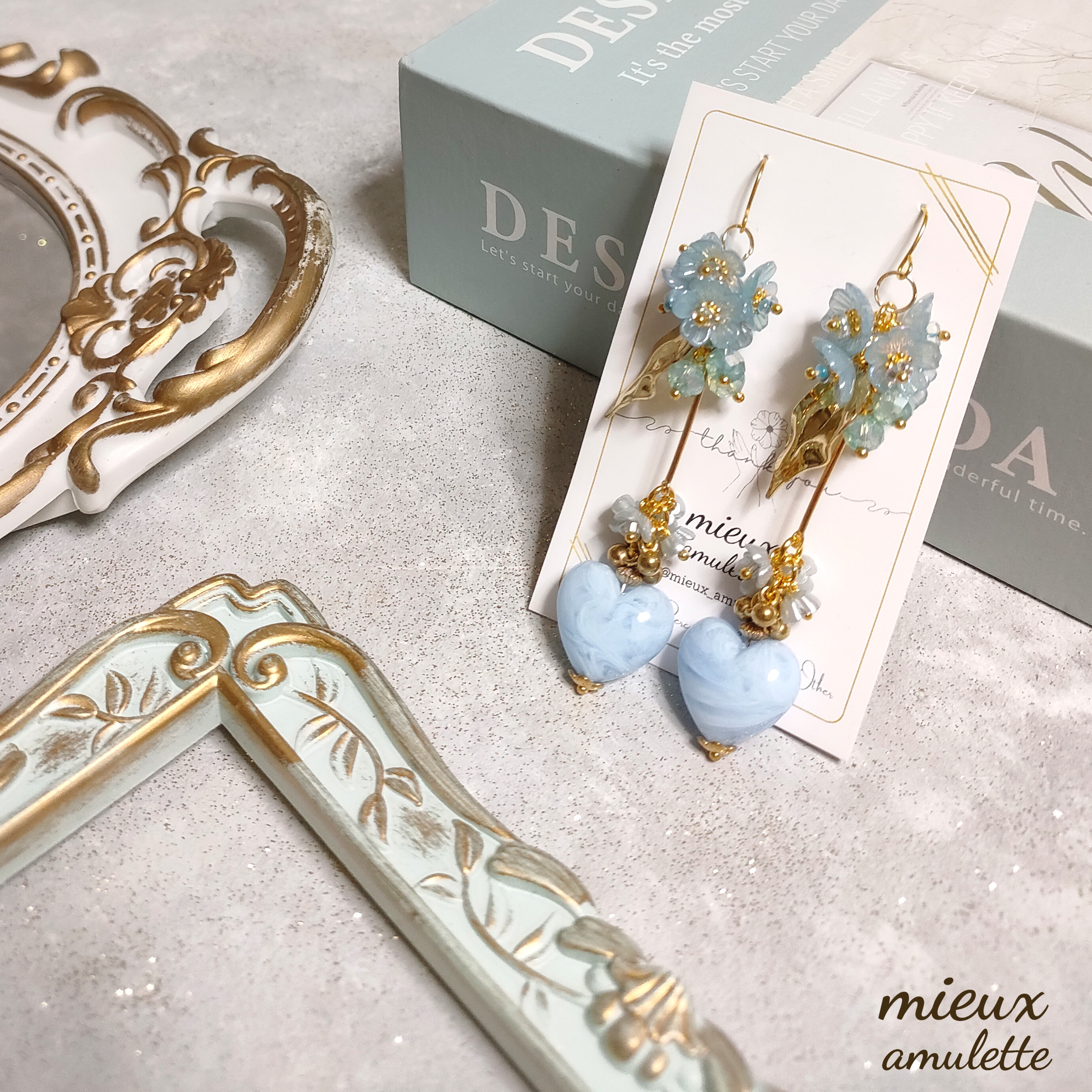 水色 ハート 花 青 ピアス イヤリング 1点物アクセサリー ウェディングアクセサリー 推し活 ハンドメイド 推しカラー