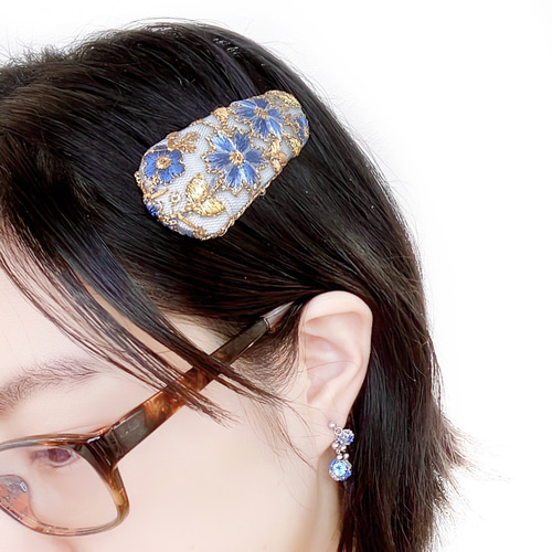 大きめヘアピン インド刺繍リボン 水色 花柄 レース ブルー ゴールド