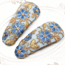 大きめヘアピン インド刺繍リボン 水色 花柄 レース ブルー ゴールド