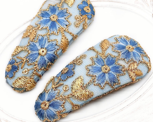 大きめヘアピン インド刺繍リボン 水色 花柄 レース ブルー ゴールド