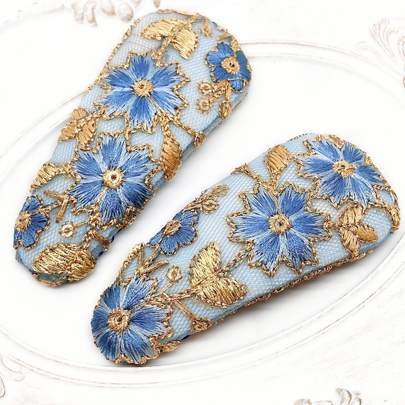 大きめヘアピン インド刺繍リボン 水色 花柄 レース ブルー ゴールド