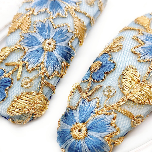 大きめヘアピン インド刺繍リボン 水色 花柄 レース ブルー ゴールド
