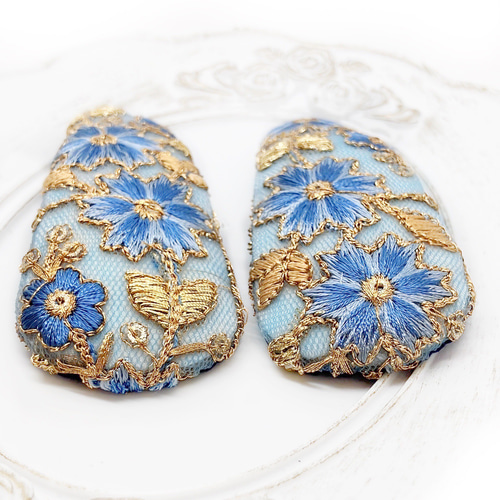 大きめヘアピン インド刺繍リボン 水色 花柄 レース ブルー ゴールド