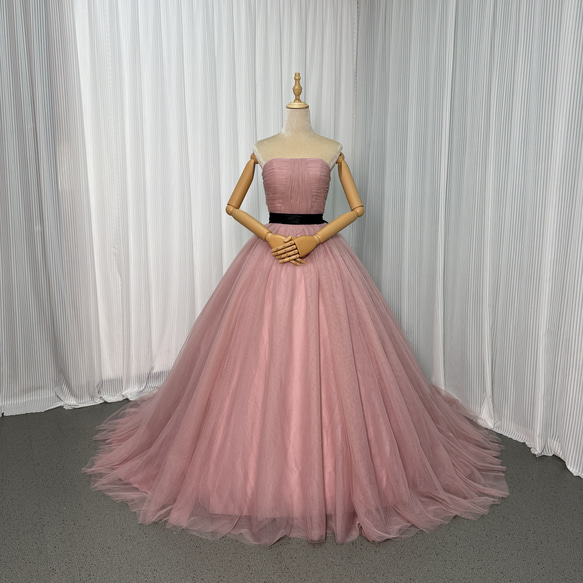 送料無料！カラードレス ピンク サッシュベルト ベアトップ 柔らかく