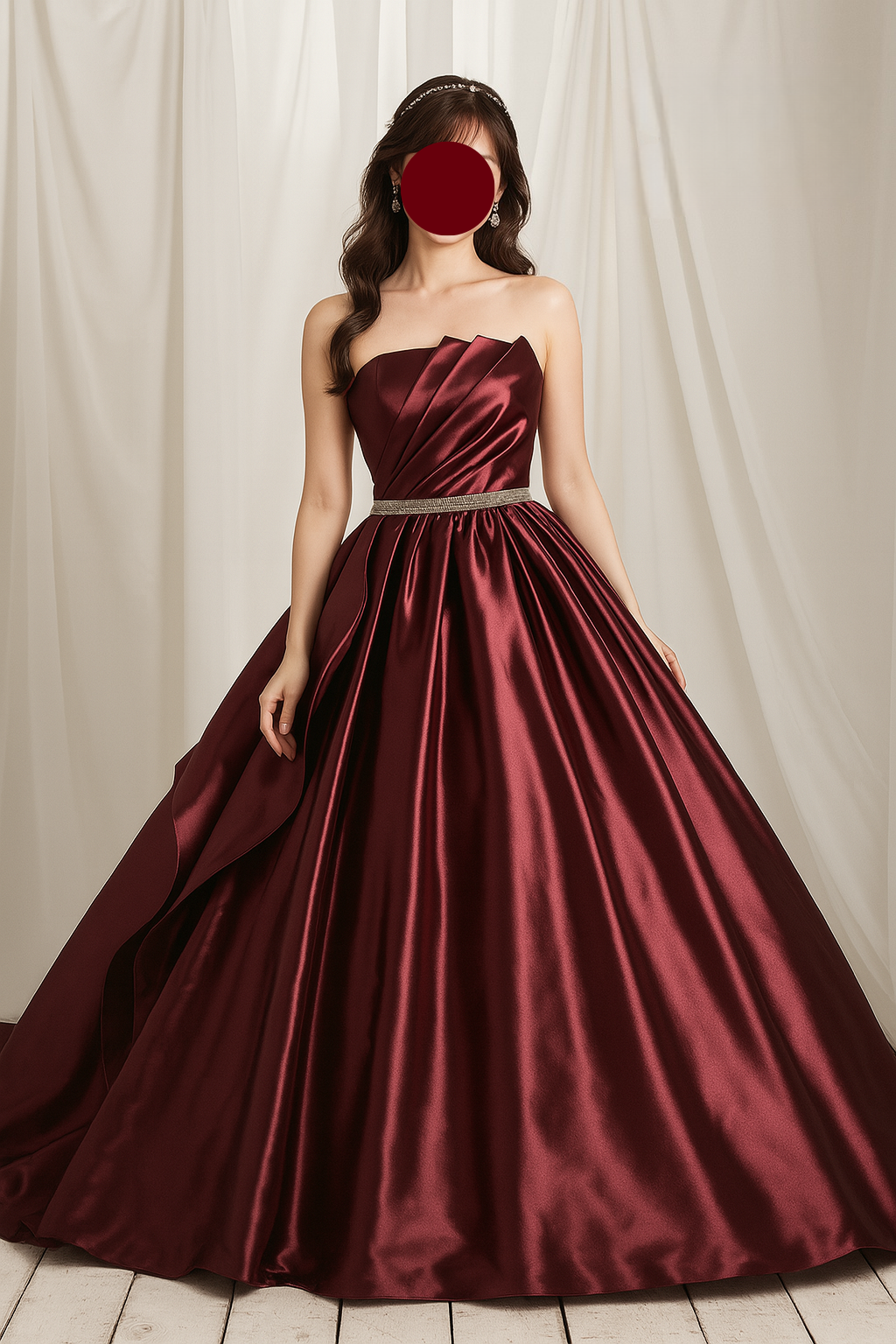 2waysワインレッドカラードレス　アシンメトリーリボン　ロイヤルサテン　ショートトレーン　披露宴　色直し