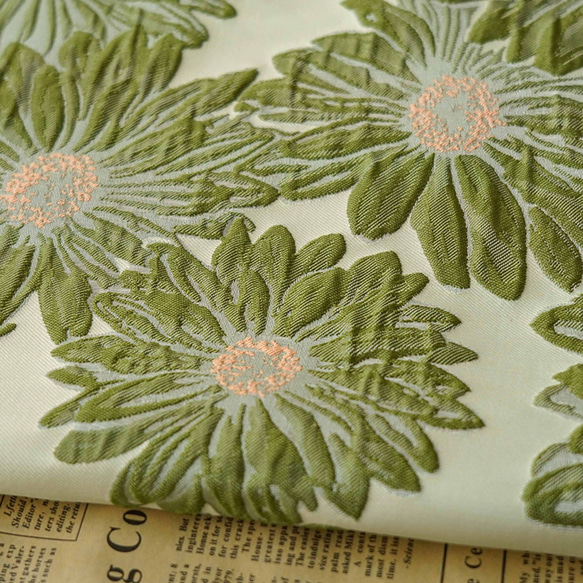 長さ1m ジャガード生地 大判 浮彫 大花 緑 韓国風 綺麗 上品 布 きじ