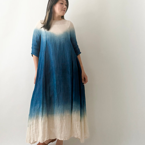新品未使用  藍染めワンピース 手作り 藍染めワンピース,インディゴワンピース,藍染めロングワンピース