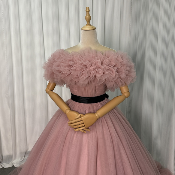 ピンク チュール フリルドレス結婚式編み上げ