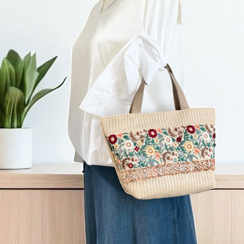 インド／刺繍】かごバッグ 軽量/フラワーガーデン かごバッグ KOKORON
