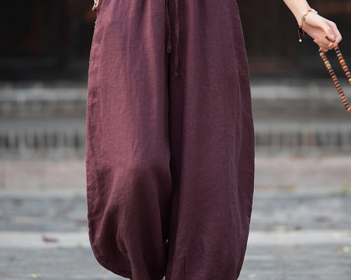 リネン100% ワイドパンツ 九分丈 夏物 涼感 通気性 透け防止 オフィス