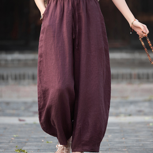 リネン100% ワイドパンツ 九分丈 夏物 涼感 通気性 透け防止 オフィス