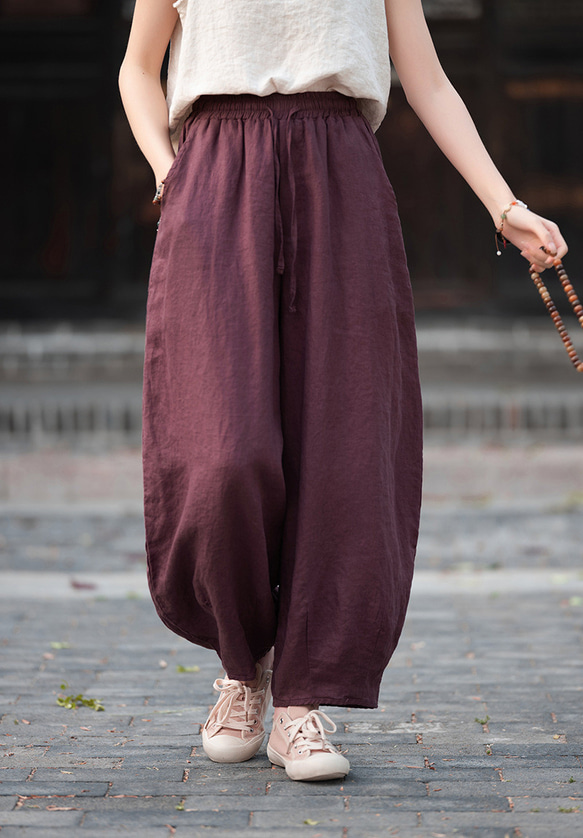 リネン100% ワイドパンツ 九分丈 夏物 涼感 通気性 透け防止 オフィス