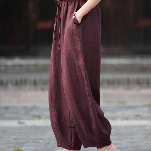 リネン100% ワイドパンツ 九分丈 夏物 涼感 通気性 透け防止 オフィス