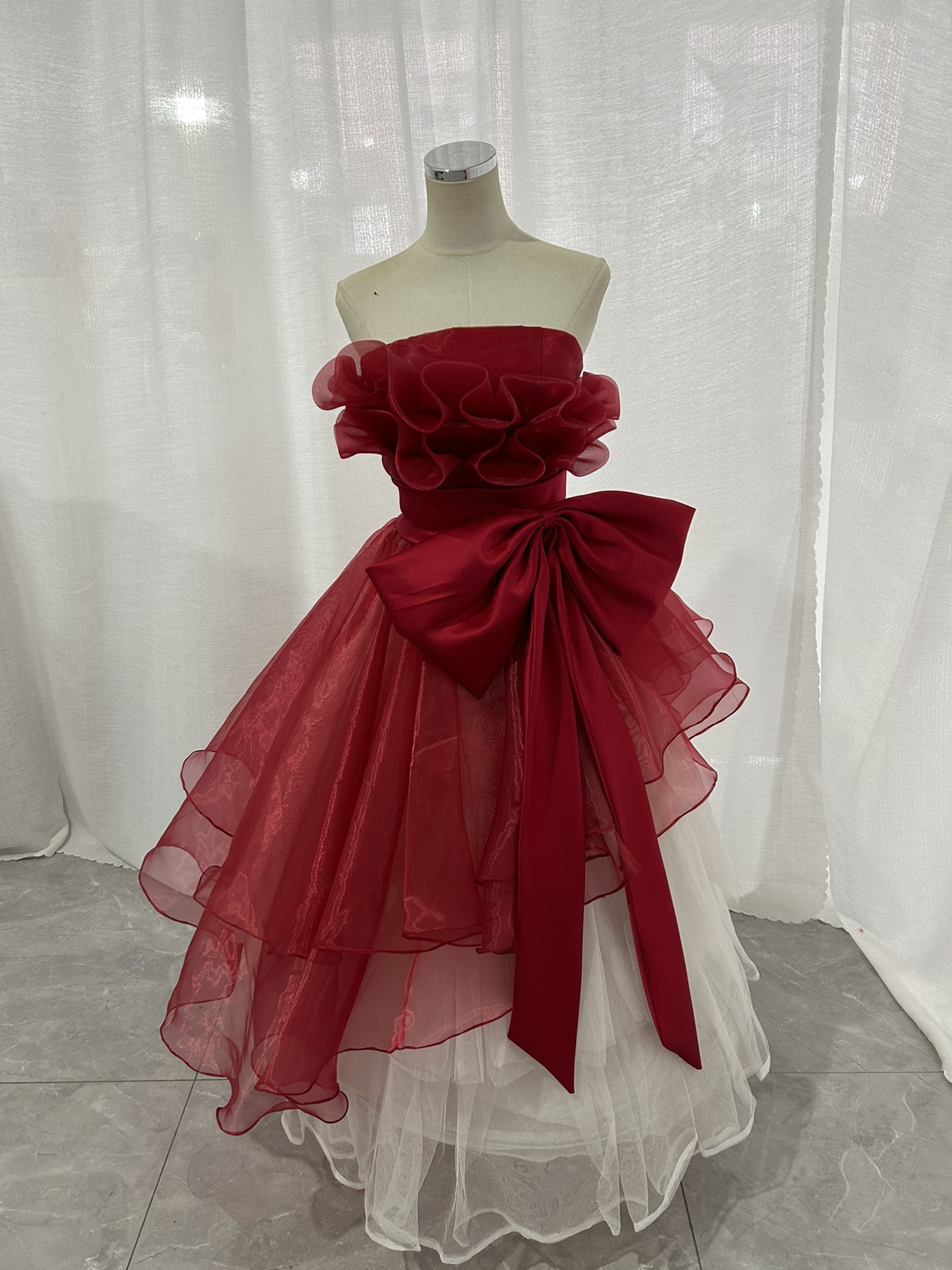 オーバードレス　スカート ワインレッド リボン ミニドレス オーバースカート /音楽会/発表会