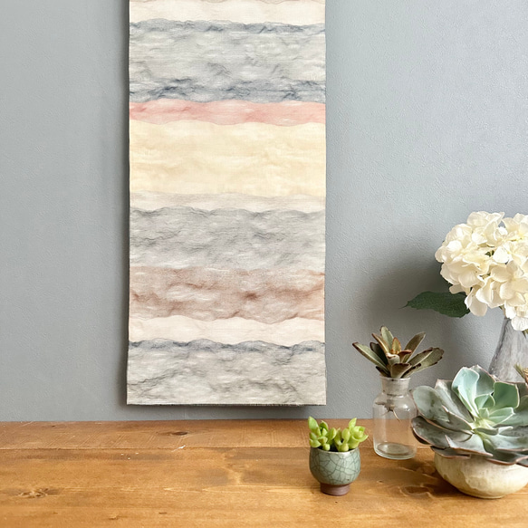 帯のタペストリー　流木×涼しげな縞　テーブルランナー使用可　小物　和モダン　着物　リメイク インテリア　和室 2枚目の画像