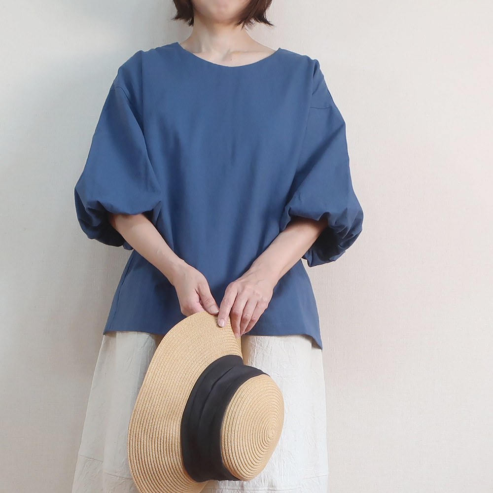 二の腕カバー 華奢見え ゆったり バルーン袖ブラウス アームホール広め有り（綿麻／全５色）