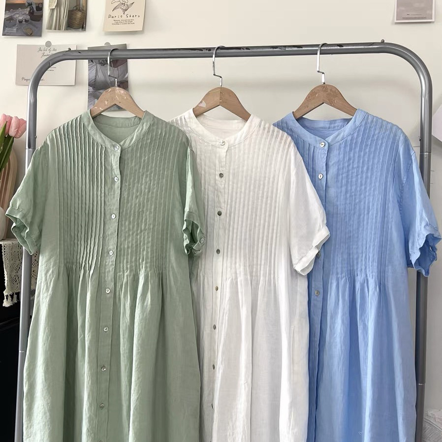 夏、ワンピース、リネン100%、エレガント、半袖