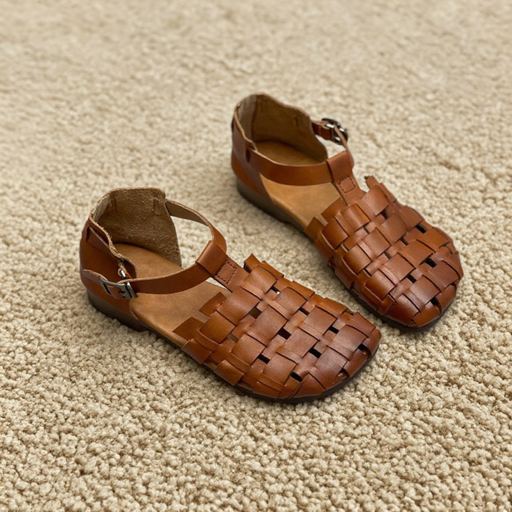 2色ソフト牛革編み込み|フラットサンダル |レザーサンダル