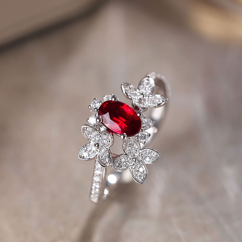 【ヘイズジュエリー】18Kホワイトゴールド刺繍ビーズデザイン天然ピジョンブラッドルビー天然ダイヤモンドリングジュエリーグレードの