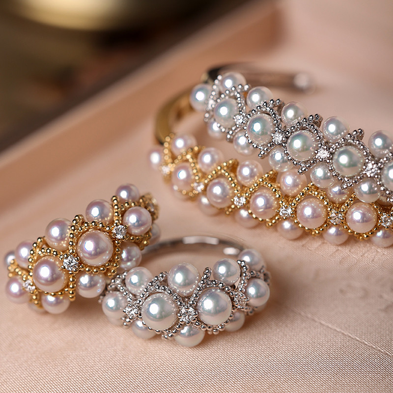 [ヘイズジュエリー] 18Kゴールドつぼみデザイン天然ダイヤモンドオーロラ3-4.5mmアコヤ海水真珠リングブレスレットコンビネ