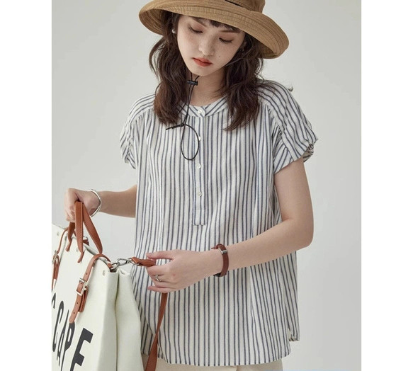 ラグジュアリー フレッシュ 丸ネック ストライプ シャツ【返品・交換可】品質最優先25-164