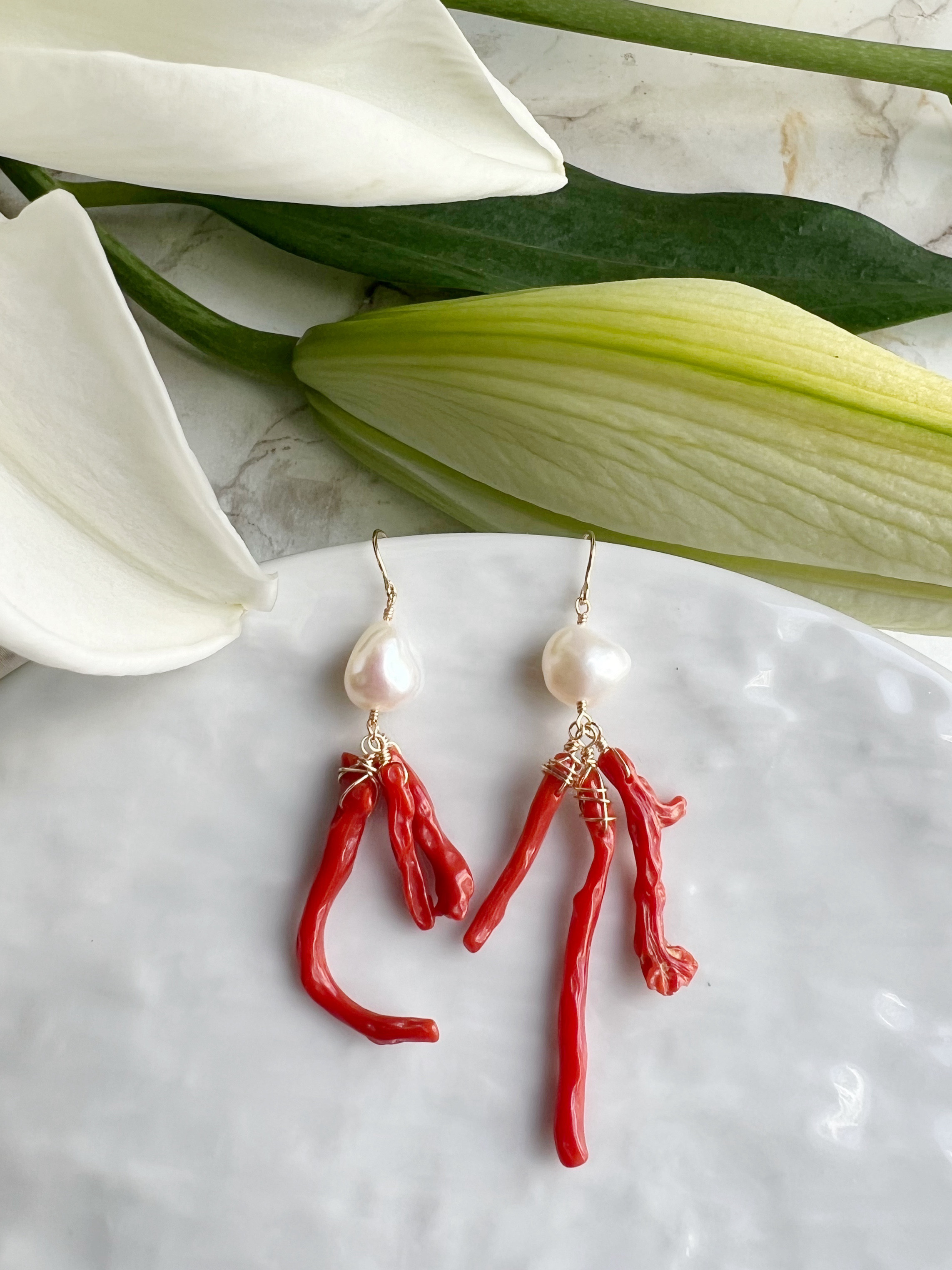 14KGF 赤珊瑚 淡水パール ピアス