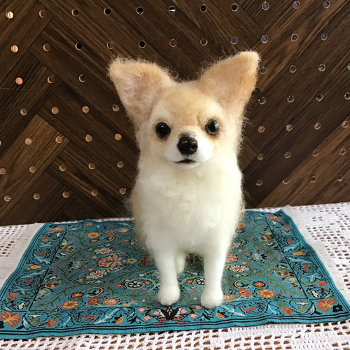 ロングコートチワワ（パーティーカラー）お座りポーズ 羊毛フェルト