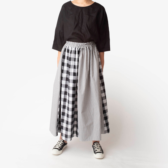 【２色のマキシスカート】丈をお選びいただけます　ウエストはオーダー無料　チェック　ストライプ　ブラック 2枚目の画像