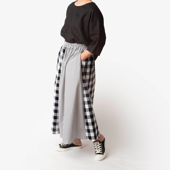 【２色のマキシスカート】丈をお選びいただけます　ウエストはオーダー無料　チェック　ストライプ　ブラック 4枚目の画像