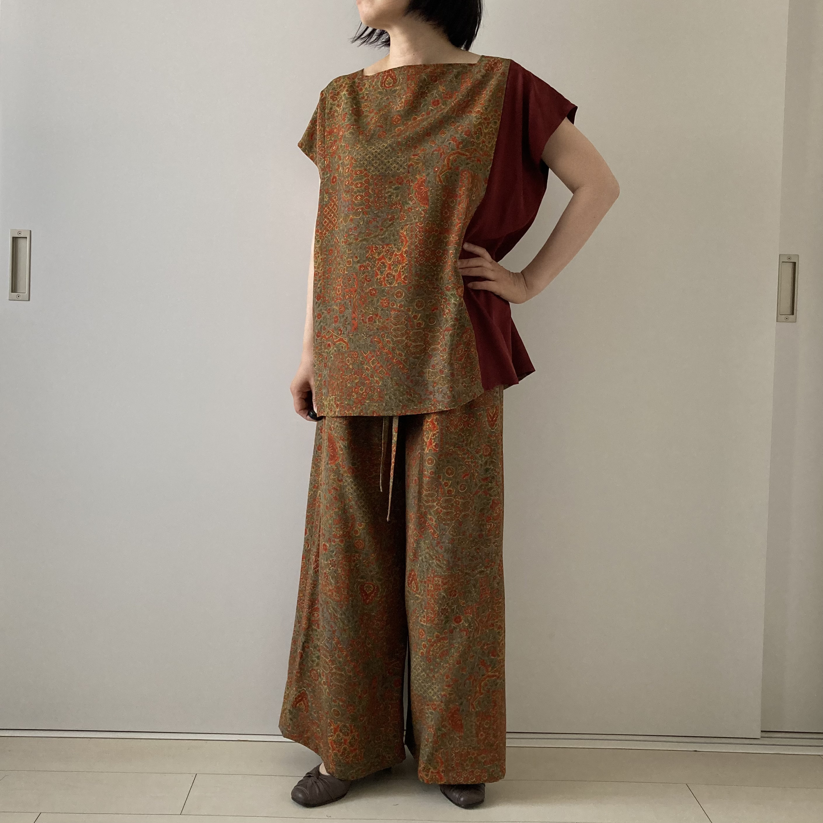 着物リメイク イージーパンツ更紗風
