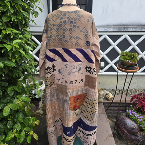 着物リメイク 手作り 柿渋染め 手ぬぐい パッチワーク ワンピース