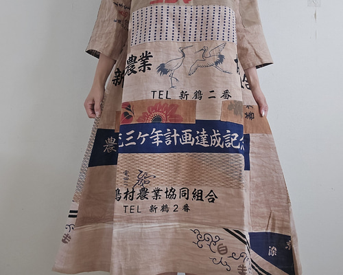 着物リメイク 手作り 柿渋染め 手ぬぐい パッチワーク ワンピース