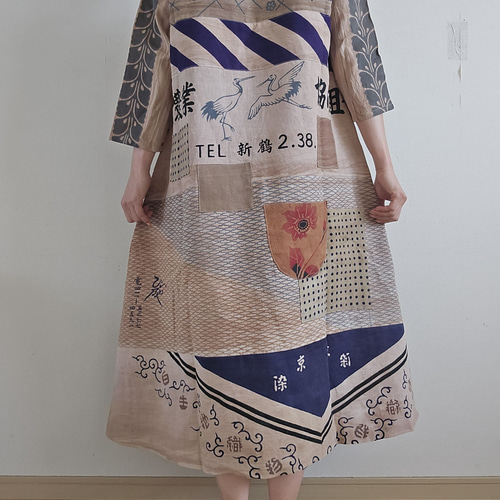 着物リメイク 手作り 柿渋染め 手ぬぐい パッチワーク ワンピース