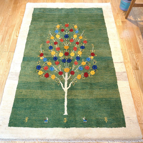 ペルシャ　ギャッベ ソファ前　117×80 黄金色　生命の木　花　ザクロ ペルシャ ギャッベ ソファ前 117×80 黄金色 生命の木 花 ザクロ 生命の