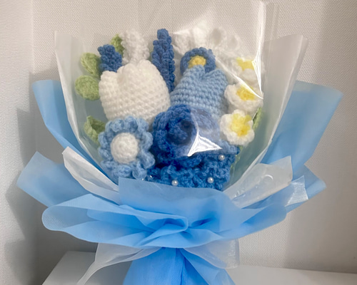 ハンドメイド 青系 チューリップ ブーケ 枯れない花束 チューリップ かぎ針編み フラワーブーケ ブーケ M 通販