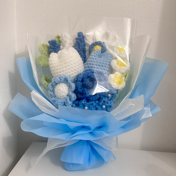 ハンドメイド 青系 チューリップ ブーケ 枯れない花束 チューリップ かぎ針編み フラワーブーケ ブーケ M 通販