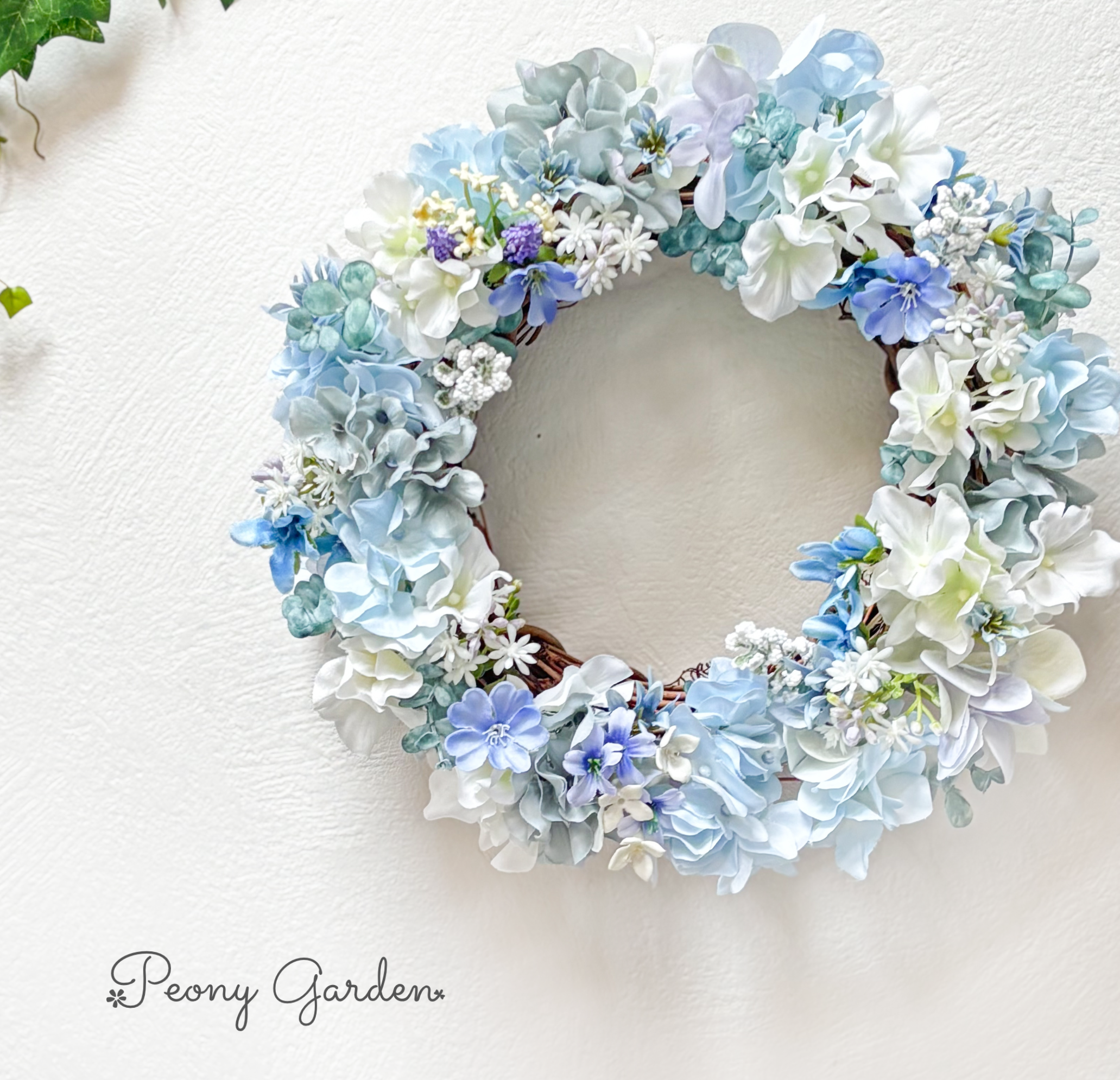 New さわやかブルーの紫陽花リース　アーティフィシャルフラワー