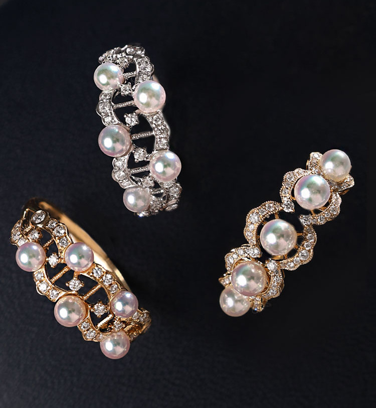 [ヘイズジュエリー] 18Kゴールド ウィンザー ムーンライトシリーズ レースデザイン 天然ダイヤモンド 3.5-4mm アコヤ