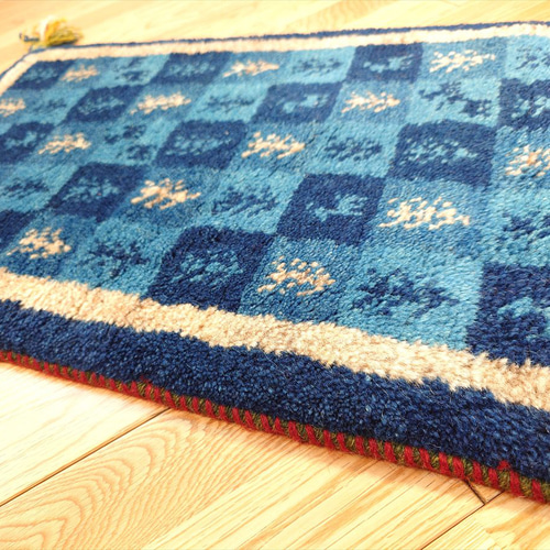 ペルシャ ギャッベ ミニランナー ラグ 115x43cm 青 藍色 チェス RD7534