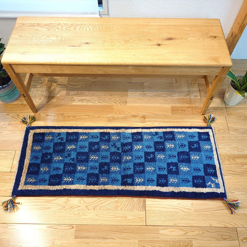 ペルシャ ギャッベ ミニランナー ラグ 115x43cm 青 藍色 チェス RD7534