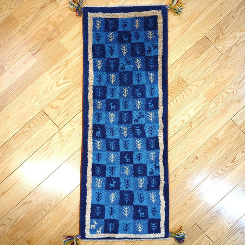 ペルシャ ギャッベ ミニランナー ラグ 115x43cm 青 藍色 チェス RD7534