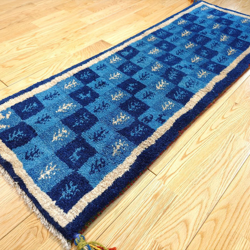 ペルシャ 手作り ランナー ラグ ペルシャ ギャッベ ミニランナー ラグ 115x43cm 青 藍色 チェス RD7534