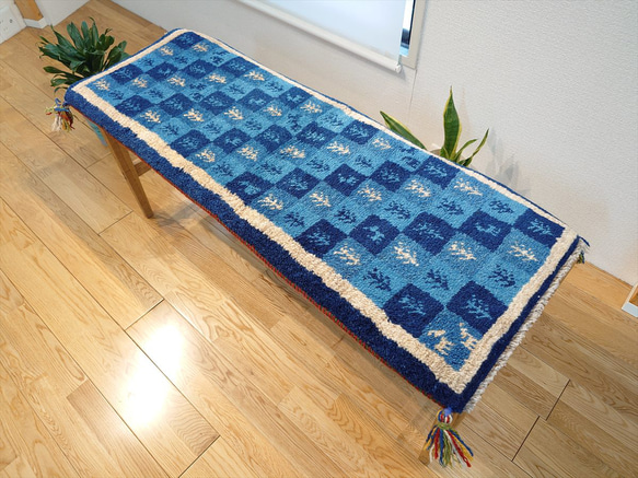 ペルシャ 手作り ランナー ラグ ペルシャ ギャッベ ミニランナー ラグ 115x43cm 青 藍色 チェス RD7534