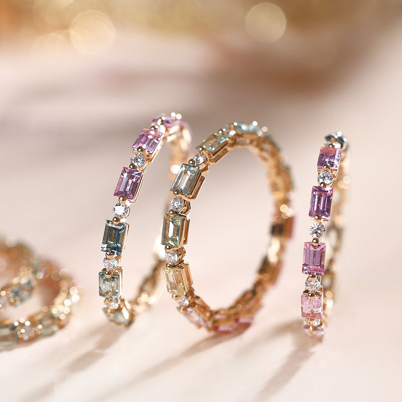 [ヘイズジュエリー] 18Kゴールドタオヤオデザイン天然カラーサファイアリンググラデーションカラーフルサークル宝石インレイ職人技