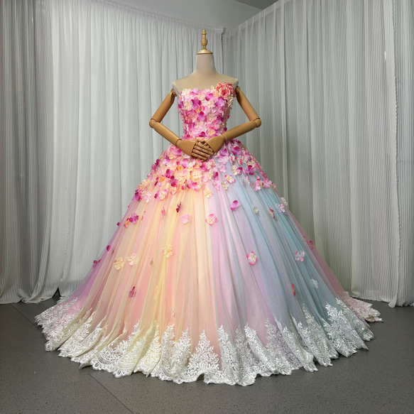 送料無料！カラードレス レインボー 花モチーフ グリッタードレス 立体